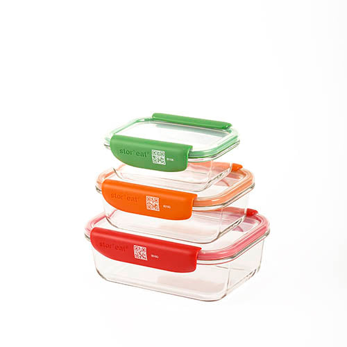 Mastrad 3 Pcs Borosilicate Glass Rectangle Storage Box With Pp Lid Set, -20°C To +400°C, Xs To M, Assorted Colours, Stor'Eat