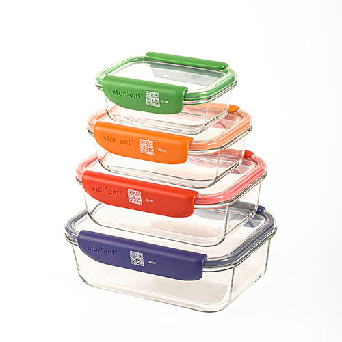Mastrad 4 Pcs Borosilicate Glass Rectangle Storage Box With Pp Lid Set, -20°C To +400°C, Xs To L, Assorted Colors, Stor'Eat