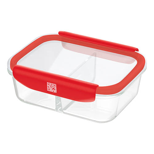 Mastrad Borosilicate Glass Rectangle 2-Compartments Storage Box With Pp Lid, -20°C To +400°C, M, Red, Stor'Eat