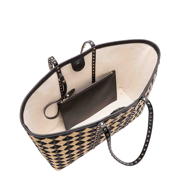 Rockstud Raffia Embroidered Shopping Bag - Natural/Black
