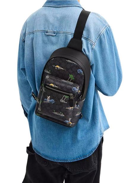 Coach Mens West Pack In Signature Canvas With Surf Print - Black