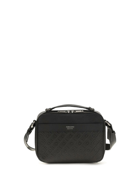 Leather Crossbody Bag With Embossed Gancini Pattern