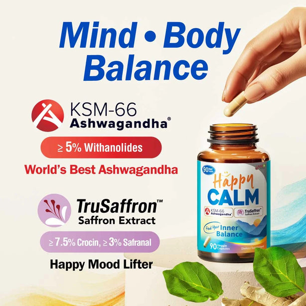 LABO Nutrition HappyCALM KSM66 Ashwagandha & Saffron Extract - Reduce Stress Relax Mood Calm Brain Restful Sleep