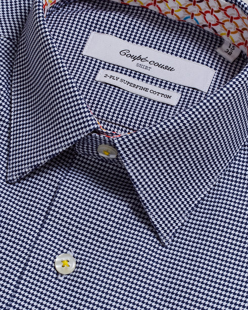 Coupe Cousu, Navy Houndstooth, Long Sleeve Shirt with Contrast Trim Fabric