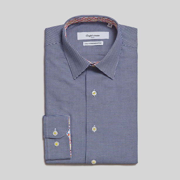 Coupe Cousu, Navy Houndstooth, Long Sleeve Shirt with Contrast Trim Fabric