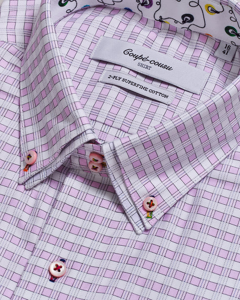 Coupe Cousu, Light Pink Checks, Double Collar Long Sleeve Shirt