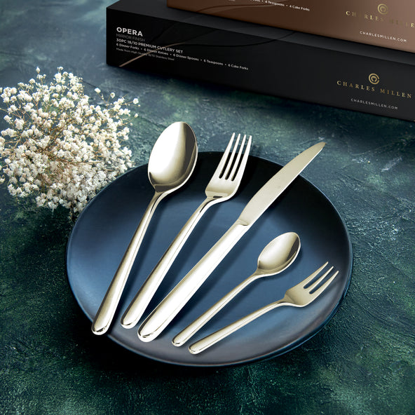 Charles Millen Signature Collection Opera Champagne Gold Mirror Finished Stainless Steel Cutlery Set