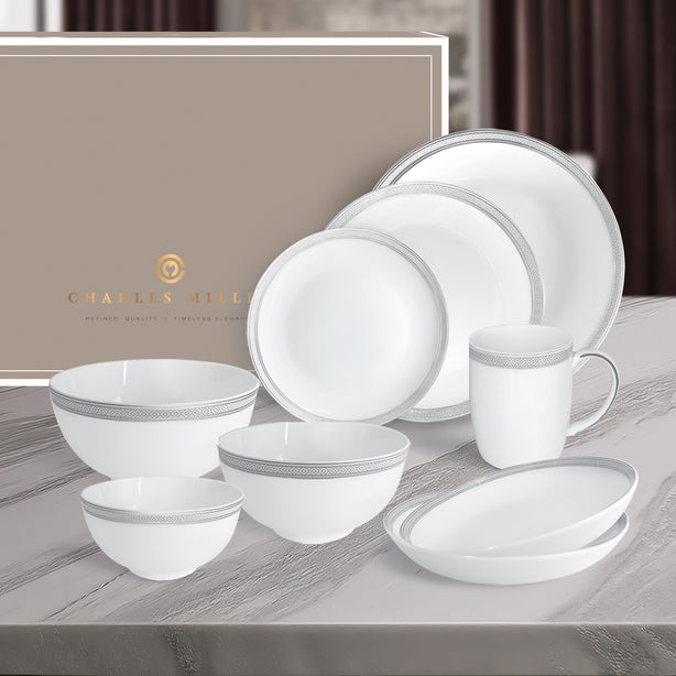 Charles Millen Signature Fine Bone China Collection Vogue Series Enough for 8 Dining Set, Monde