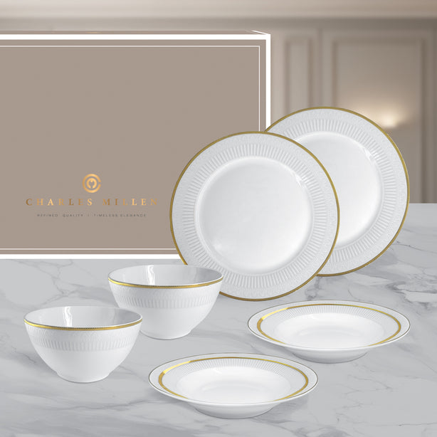 Charles Millen Signature Fine Bone China Collection Vogue Series Good for 6 Entrée Dining Set, Renaiss
