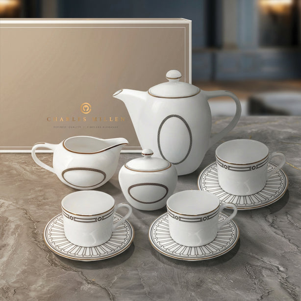 Charles Millen Signature Fine Bone China Collection Vogue Series 9 Piece Tea Set, Ritz