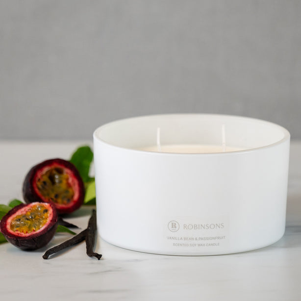 Soy Wax Candle Vanilla Bean & Passionfruit Extra Large 4 Wick (60+ hours burn time, 600gr) by Robinsons