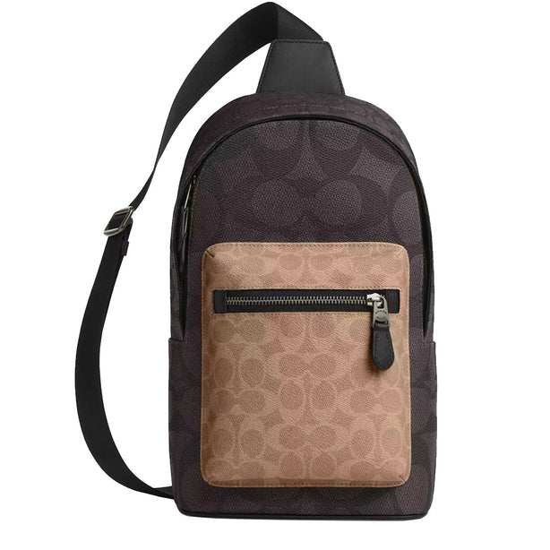 Coach West Pack Bag In Blocked Signature Canvas in Walnut/ Tan CAB60