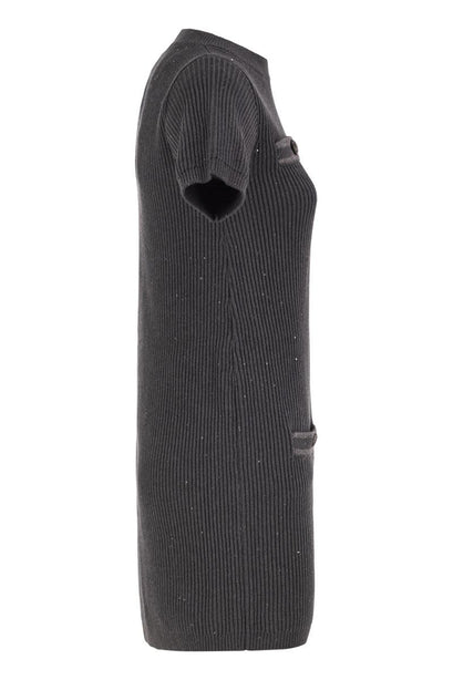 Ribbed Knit Dress with Sequins and Patch Pockets