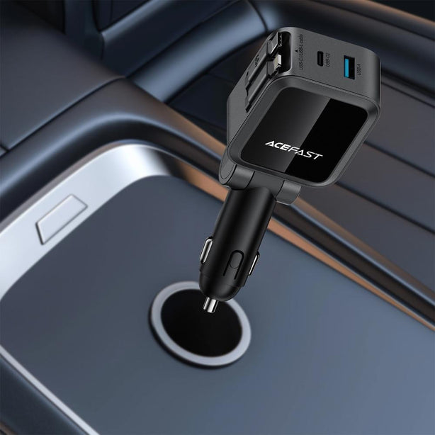 Acefast B27 60W Car Charger With Two Retractable Cables (2USB-C+1USB-L+1USB-A) - Metal Gray
