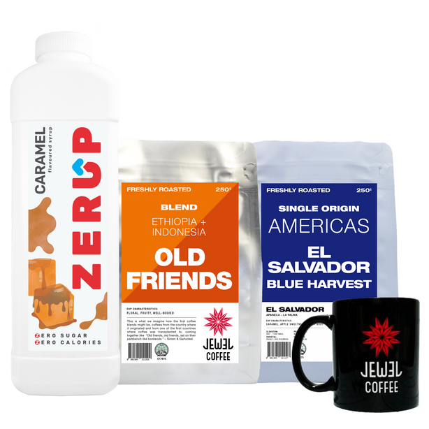 Coffee Gift Set 1 - Jewel Coffee Coffee Beans (El Salvador 250g, Old Friends 250g)+ Zerup Zero Sugar Syrup (Caramel) + Mug