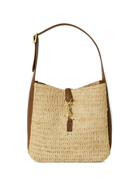 Saint Laurent Le 5 À 7 Small Raffia Calfskin Hobo Bag - Pale Brown and Brick
