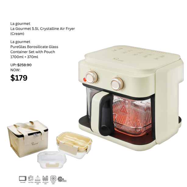La Gourmet 5.5L Crystalline Air Fryer (Cream)+ La Gourmet PureGlas Borosilicate Glass Container Set with Pouch 1700ml + 370ml