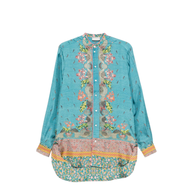 Blue Floral Print Silk Shirt