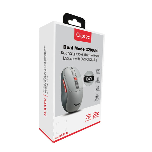 Cliptec RZS641 Dual Mode 3200DPI Rechargeable Silent Wireless Mouse With Digital Display