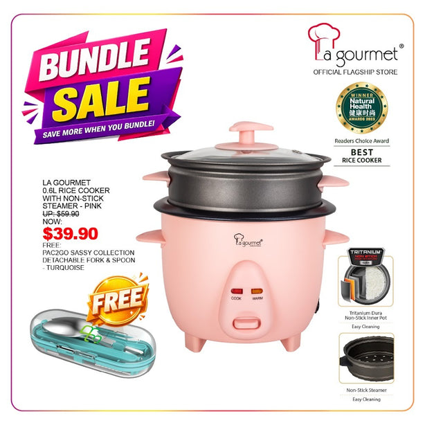 La Gourmet 0.6L Rice Cooker with Non-stick Steamer (Pink) Free: La Gourmet Pac2Go Sassy Collection Detachable Fork & Spoon - Turquois
