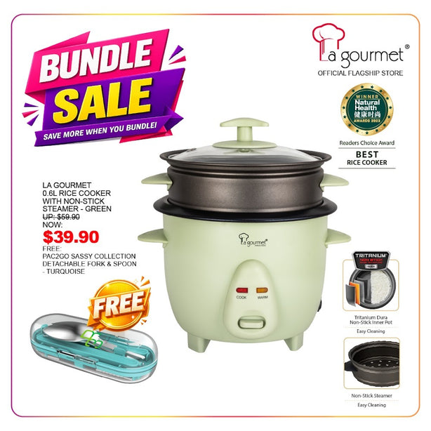 La Gourmet 0.6L Rice Cooker with Non-stick Steamer (Mint Green) Free: La Gourmet Pac2Go Sassy Collection Detachable Fork & Spoon - Turquois