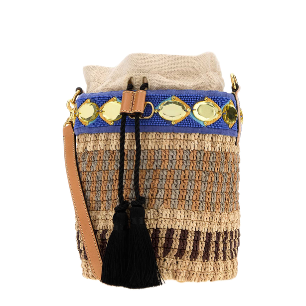 VLogo Signature Small Raffia Bucket Bag - Stripped