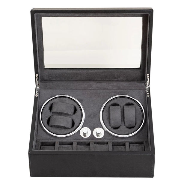 StitchesandTweed Automatic Watch Winder, 4+6 Watches Storage Display Box - Black with Grey Interior