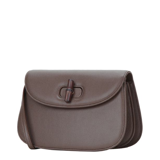 Bamboo Small Grainy Leather Shoulder Bag - Dark Taupe
