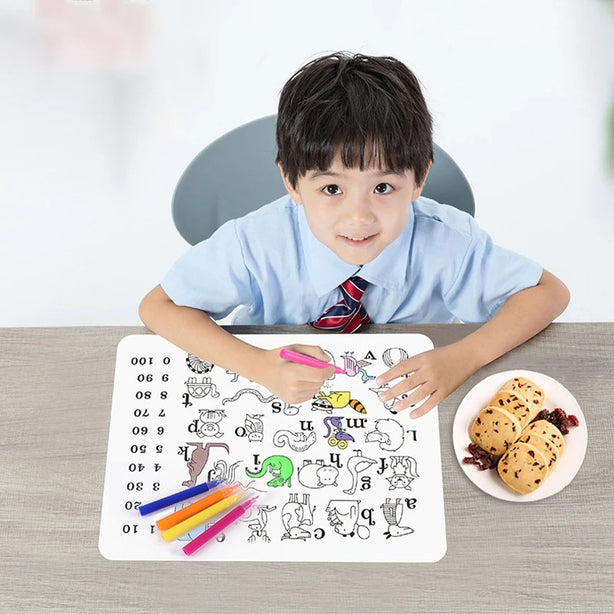 NYZE A-Z Animal Washable Silicone Colouring Mat + 12pcs Marker Set