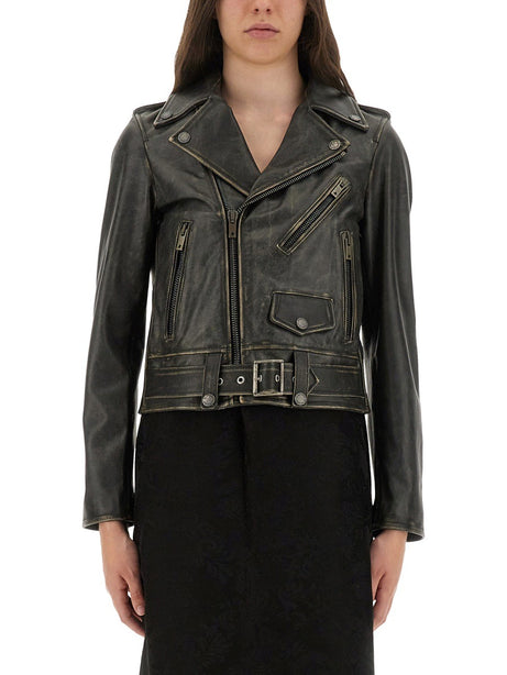 Distressed Effect Leather Biker Jacket
