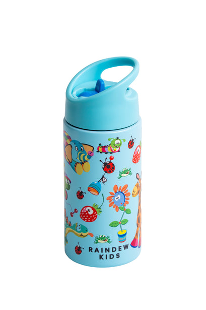 Raindew Kids Animal Lover Water Bottle.   Flip-up Spout/Straw Mechanism and an Integrated carrying loop, Insulated.