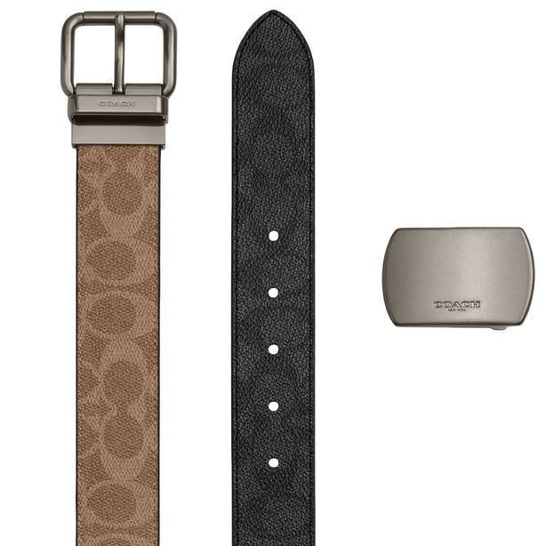 Coach Boxed Roller Buckle Cut-To-Size Reversible Belt, 38MM - Tan Charcoal CDL90