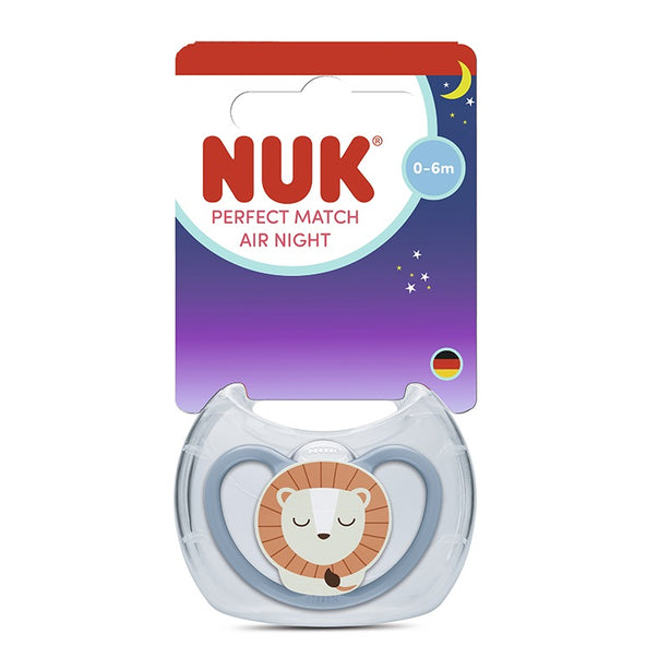NUK Space Perfect Match Air Night Silicone Soother Pacifier 1pc/box | 0-6 Months | Made in Germany | Glow in the Dark - Lion