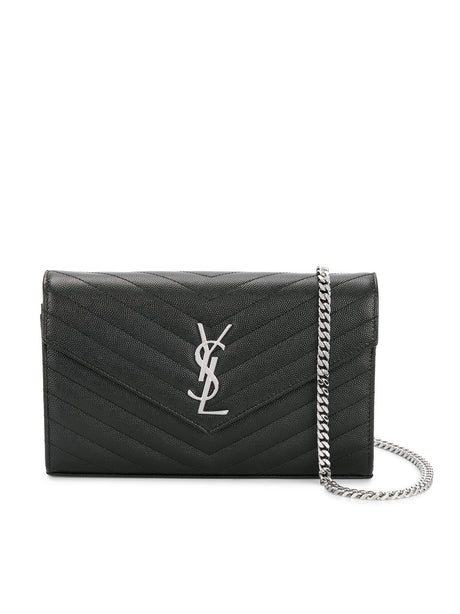 Saint Laurent Cassandre Grain de Poudre Leather Wallet on Chain - Black