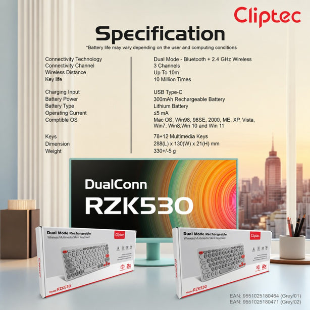 Cliptec RZK530 Dual Mode Rechargeable Wireless Multimedia Silent Keyboard - Grey