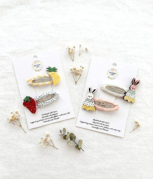 Raindew Kids Pastel Colour Hair Clips With Bunny & Fruit Charm (Set of 4)