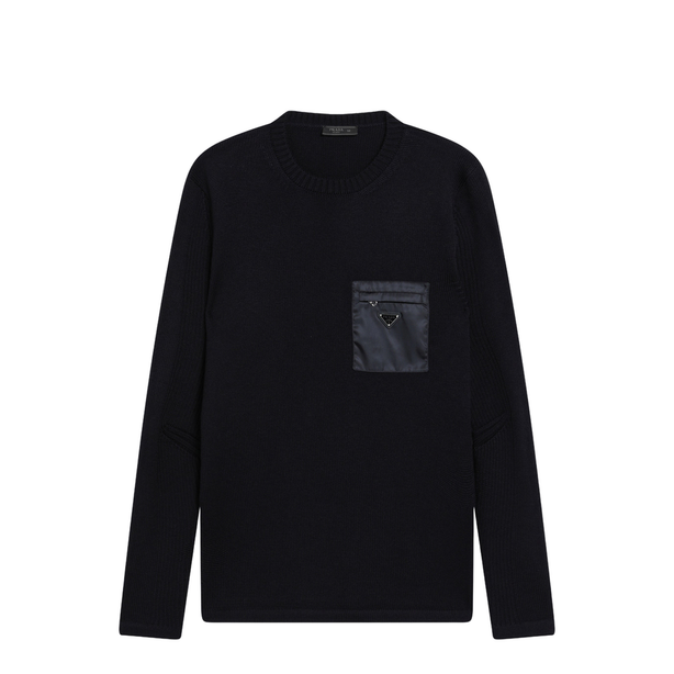 Blue Wool Sweater With Re-Nylon Pocket