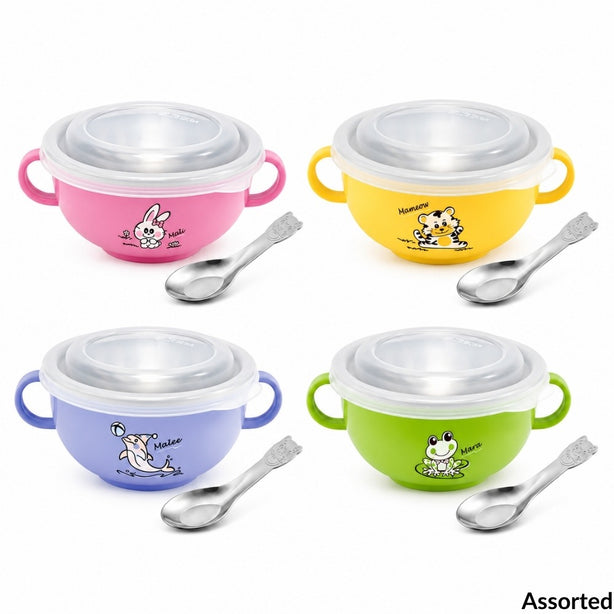 Zebra Kiddy Bowl With Handle, Plc Lid & Kiddy Spoon, Assorted Colors (Green, Yellow, Blue And Pink)