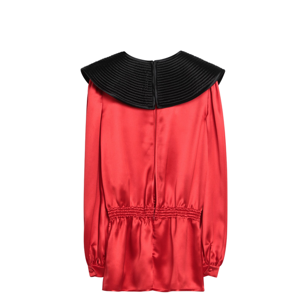 Red Silk Blouse with Black Collar