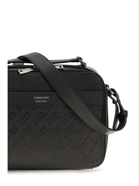 Ferragamo Leather crossbody Bag with embossed Gancini pattern - Black