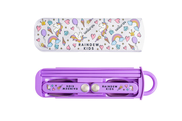 Raindew Kids Unicorn Cutlery Set . The Set Includes Foldable Fork, Spoon and a Pair of Chopstick.