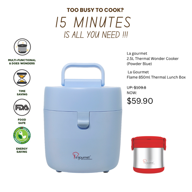 La gourmet 2.5L Thermal Wonder Cooker (Powder Blue) + La Gourmet Flame 850ml Thermal Lunch Box