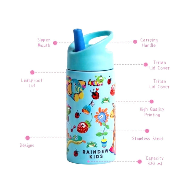 Raindew Kids Animal Lover Water Bottle.   Flip-up Spout/Straw Mechanism and an Integrated carrying loop, Insulated.