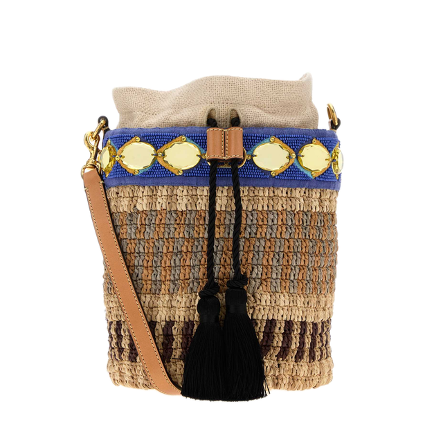 VLogo Signature Small Raffia Bucket Bag - Stripped