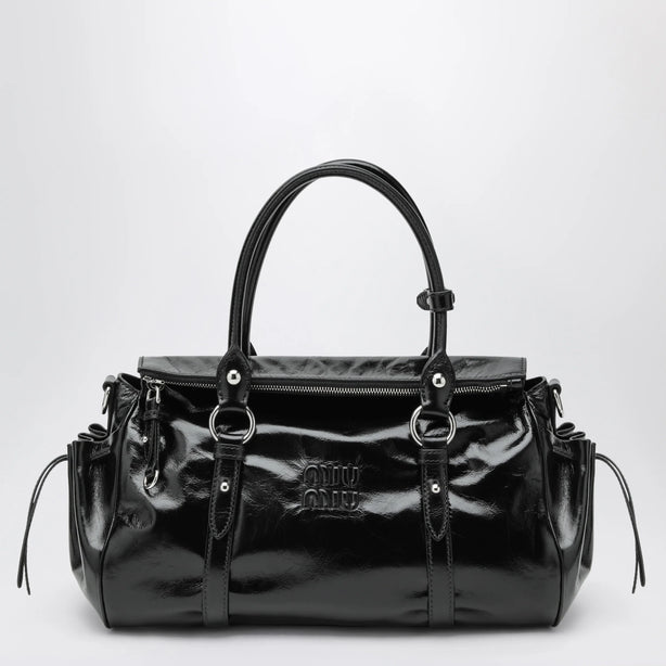 Large Top Handle Bag In Glossy Black Leather