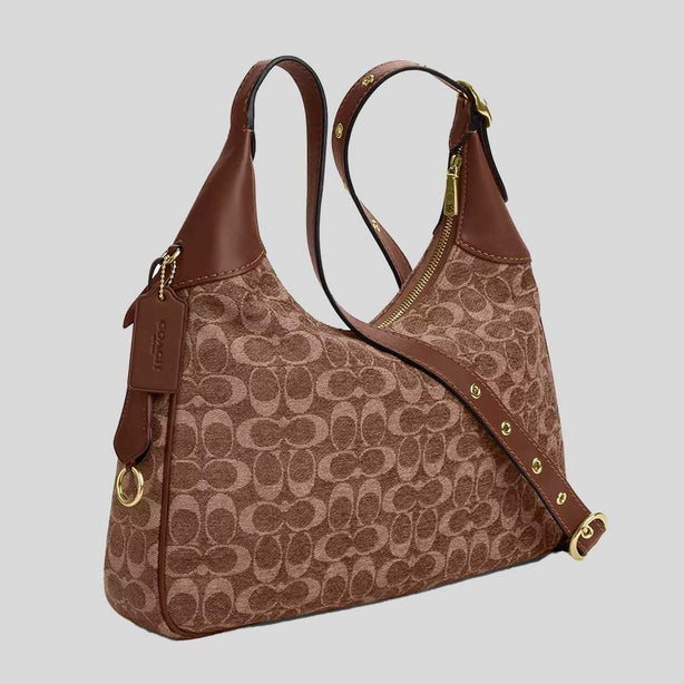 COACH Ella Shoulder Bag In Signature Chenille Light Khaki/Vintage Brown RS-CCE49