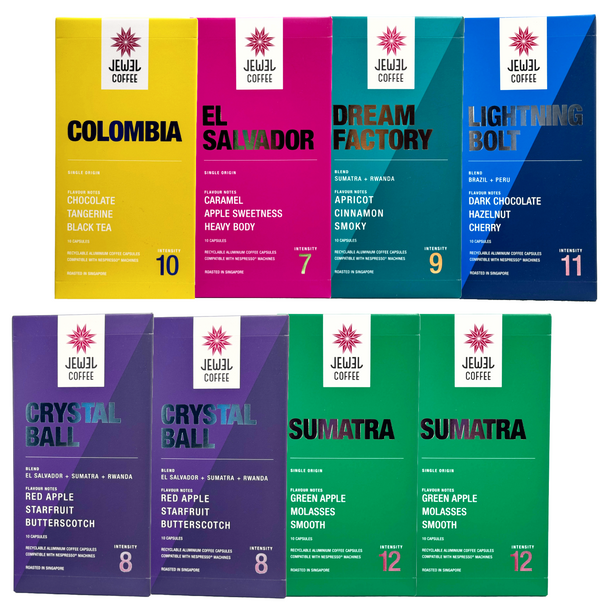 Jewel Coffee Specialty Coffee Capsules - Incredible 8 Pack (8x 10pc)
(Colombia, El Salvador, Dream Factory, Lightning Bolt, Crystal Ball x 2, Sumatra x 2)