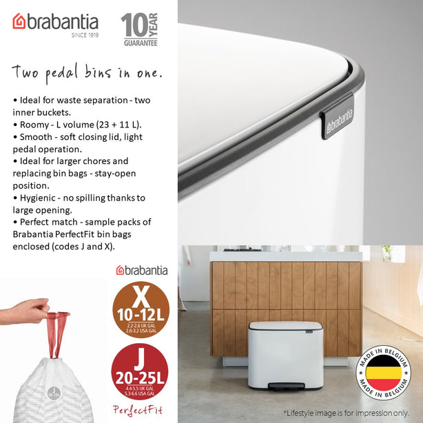 Brabantia Bo Pedal Bin, 2x Inner Buckets, 11 + 23 L
