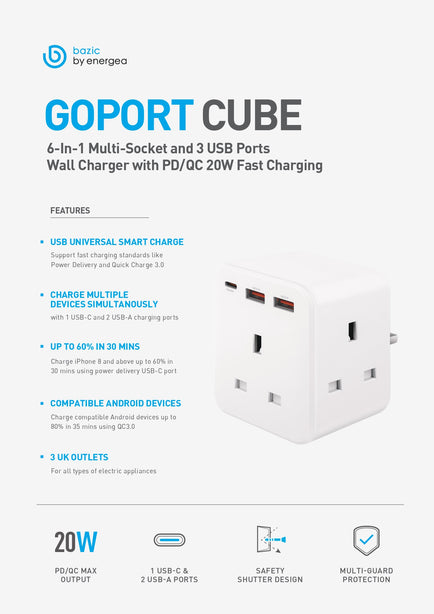 BAZIC by Energea GoPort Cube Built in USB Wall Charger Adaptor