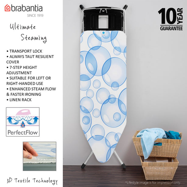 Brabantia PerfectFlow Ironing Board, Foldable Steam Generator Rest & Linen Rack, C, 124 x 45 cm